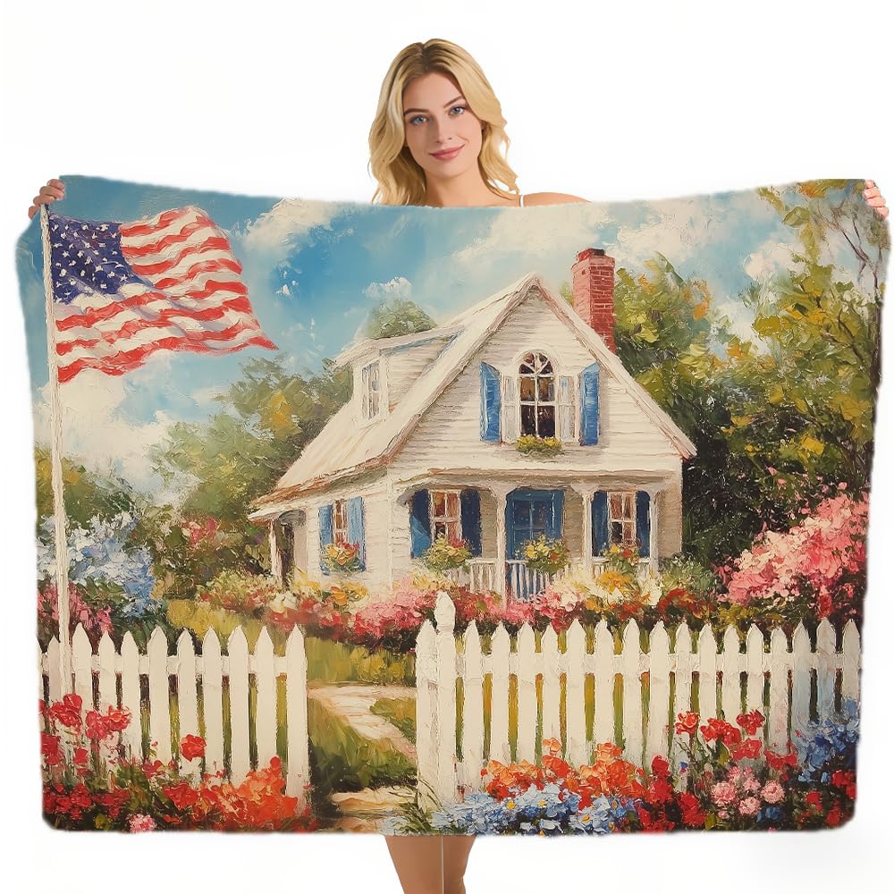 ZHOUSHUTONG Vintage American Cottage with US Flag Garden Flannel Throw Blanket, Cozy Warm Patriotic Country House Blankets, Lightweight Fuzzy Soft Flannel Blanket for Couch Bed Sofa Adults 49"x59"