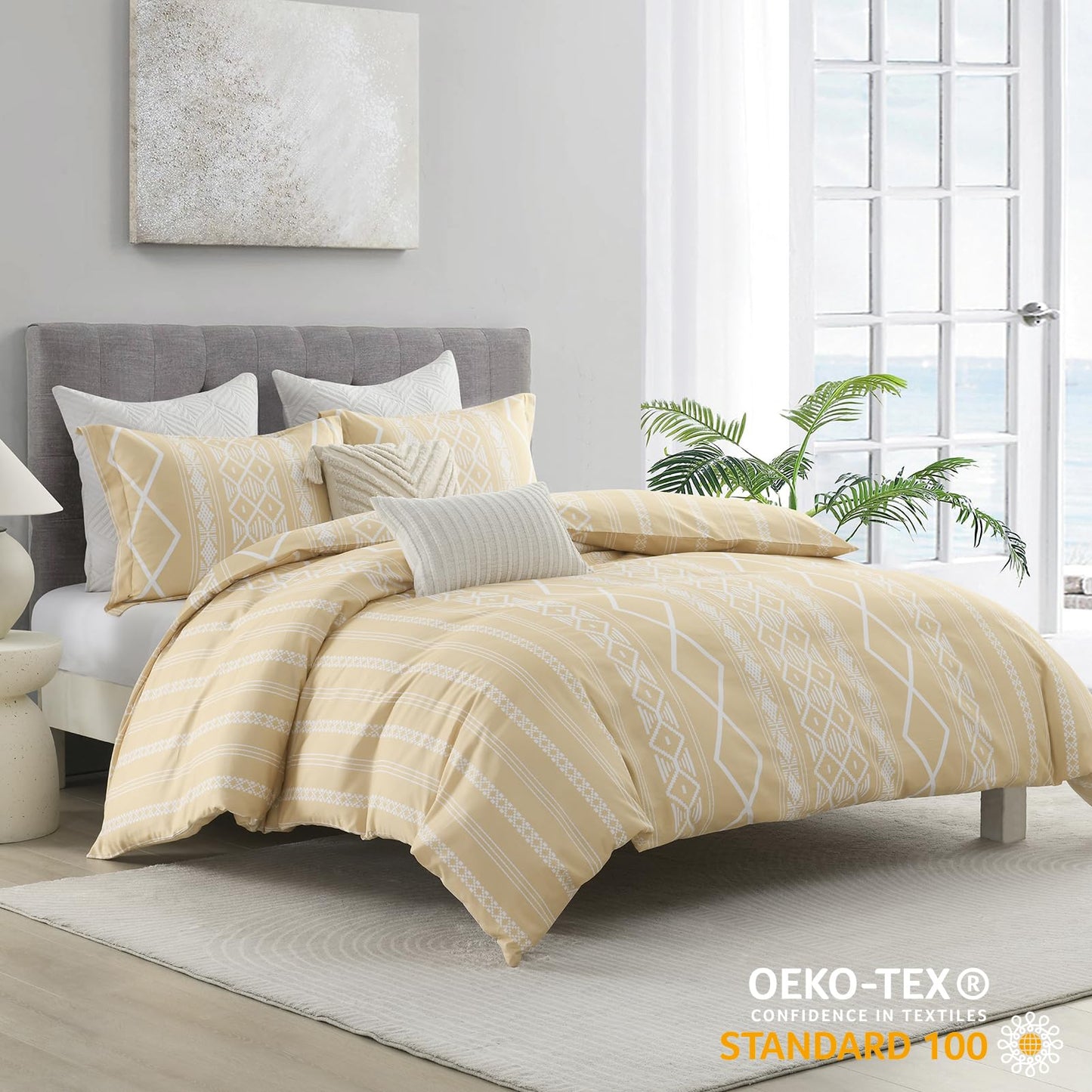 CozyDH Duvet Cover Set King Size - 400TC 100% Cotton Beige Boho Geometric Pattern Comforter Cover Set, 3 PCS Bohemian Soft Lightweight Bedding Set with Zipper Closure (104x90, No Comforter)