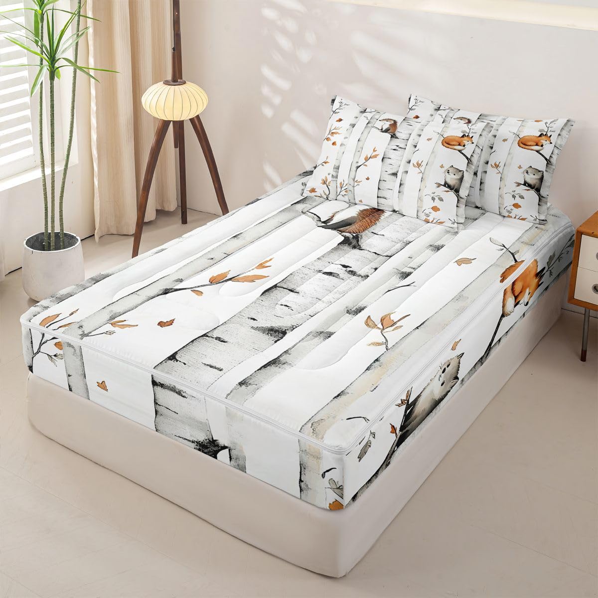 Erosebridal Cartoon Animals Zipper Comforter Set Twin Woodland Forest Bedding Set for Kids Rustic Cabin Lodge Bed in a Bag Fox Hedgehog Wildlife Botanical Branches Decor Zippered Quilt Fitted Sheet