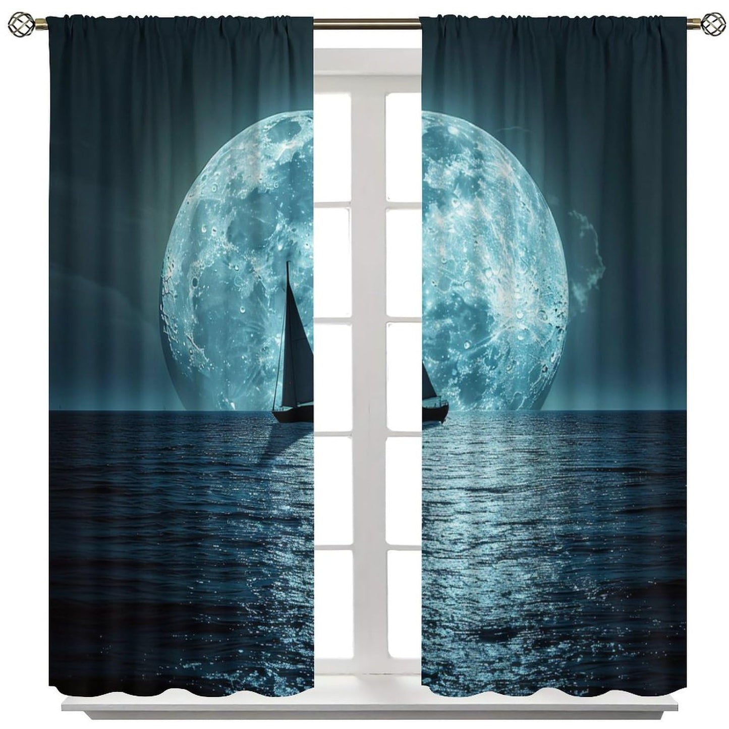 TOWINSFB Dark Night Moon Sailboat Blackout Curtains for Living Room Bedroom, Modern Star Coastal Window Curtains Rod Pocket Thermal Insulated Window Drapes, 2 Panels, Each 21" W x 45" L