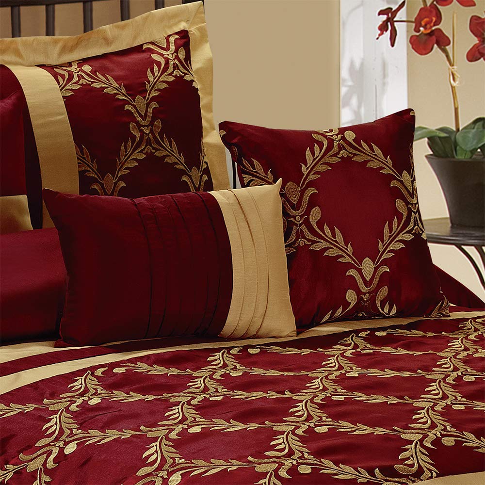HIG 7 Piece Bed in A Bag Comforter Set King - Burgundy and Gold Faux Silk Fabric Embroidered - Breathable and Wrinkle Resistant - 1 Comforter, 2 Shams, 3 Decorative Pillows, 1 Bedskirt