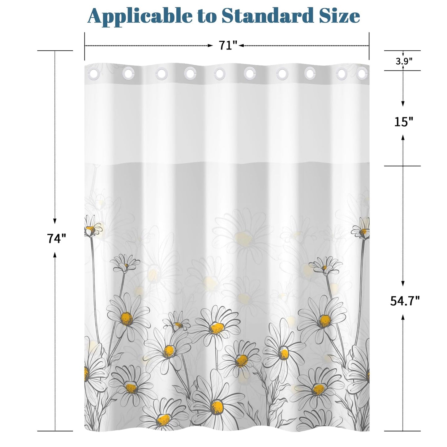 Xiazhilaio Daisy Floral Shower Curtain with Snap in Liner - Spring Summer Themed Flower Bath Shower Curtain No Hooks, Waterproof Double Layer Bathroom Curtain with Mesh Top Window, 71″W x 74″L