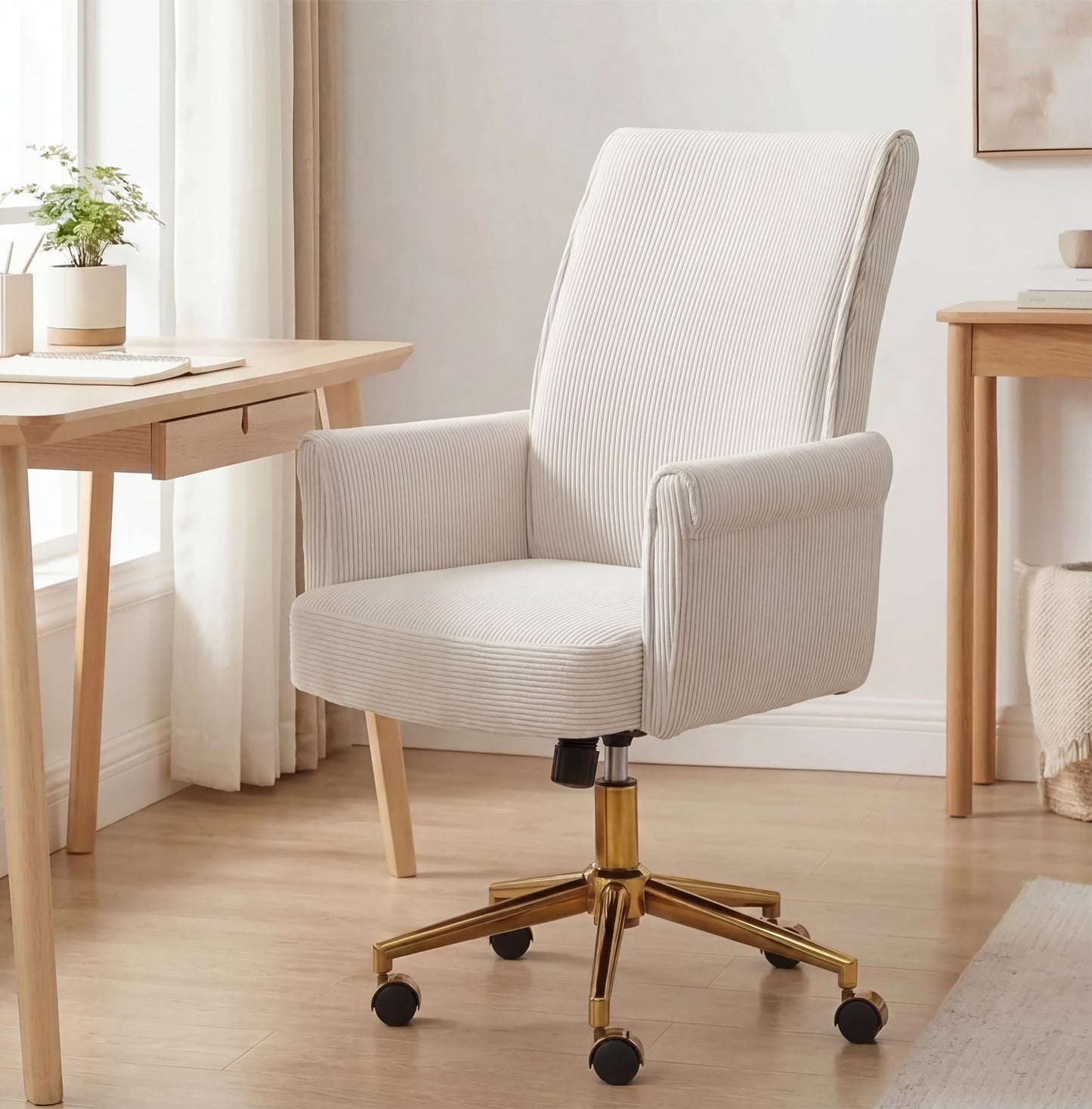 Stripes Velvet Home Office Desk Chair, Accent Upholstered Modern Height Adjustable Swivel Chair with Wheels,Ergonomic Task Chair for Living Room,Bedroom,Vanity,Study,Office（Cream）