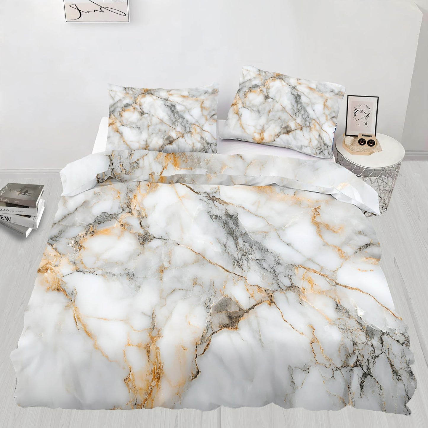 PAISUOQ Marble Duvet Cover King Size, Grey Gold Texture Bedding Set, 3 Piece, Soft Microfiber Patterned Comforter Cover with Zipper Ties & 2 Pillowcase, Nordic Marble Bedroom Decor & Gifts
