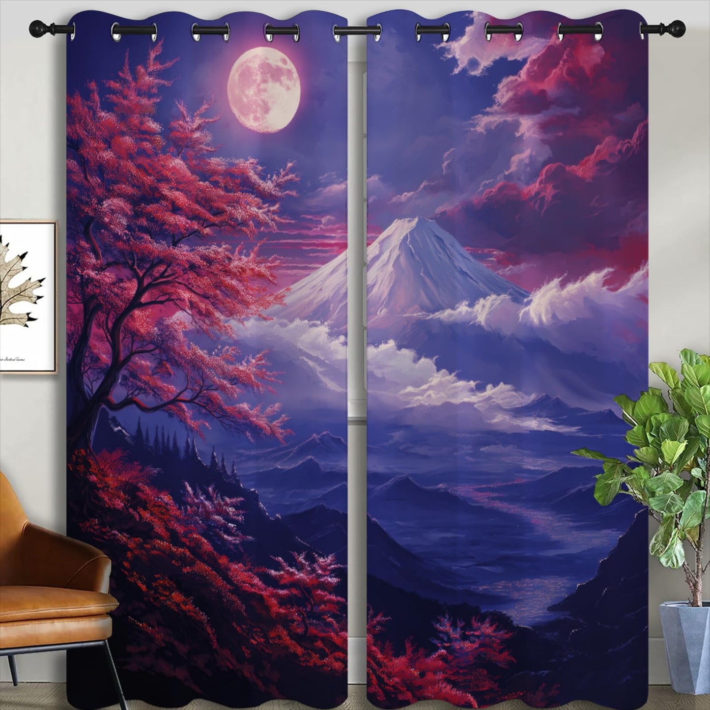 Japanese Style Blackout Curtains for Boys Girl Bedroom Home Decor,Anime Asian Mt. Fuji Red Plum Moon Landscape Painting Thermal Insulated Grommet Darkening Living Room Window Drapes, 72 x 63 inch