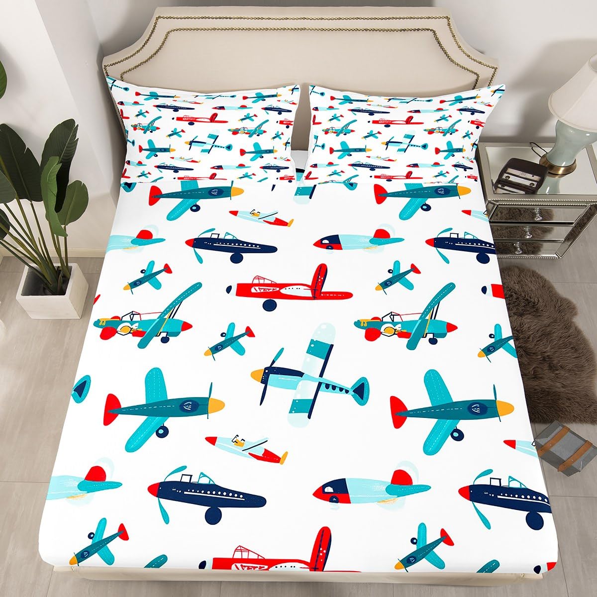 Airplane Cartoon Bedding Fitted Sheet Aircraft Flying Bed Sheet Set for Kids Boys Girls Novelty Cartoon Toys Bedding Sheets Aero Vehicles Cute Decor Bed Cover with 1 Pillowcase 2Pcs Bedding Twin