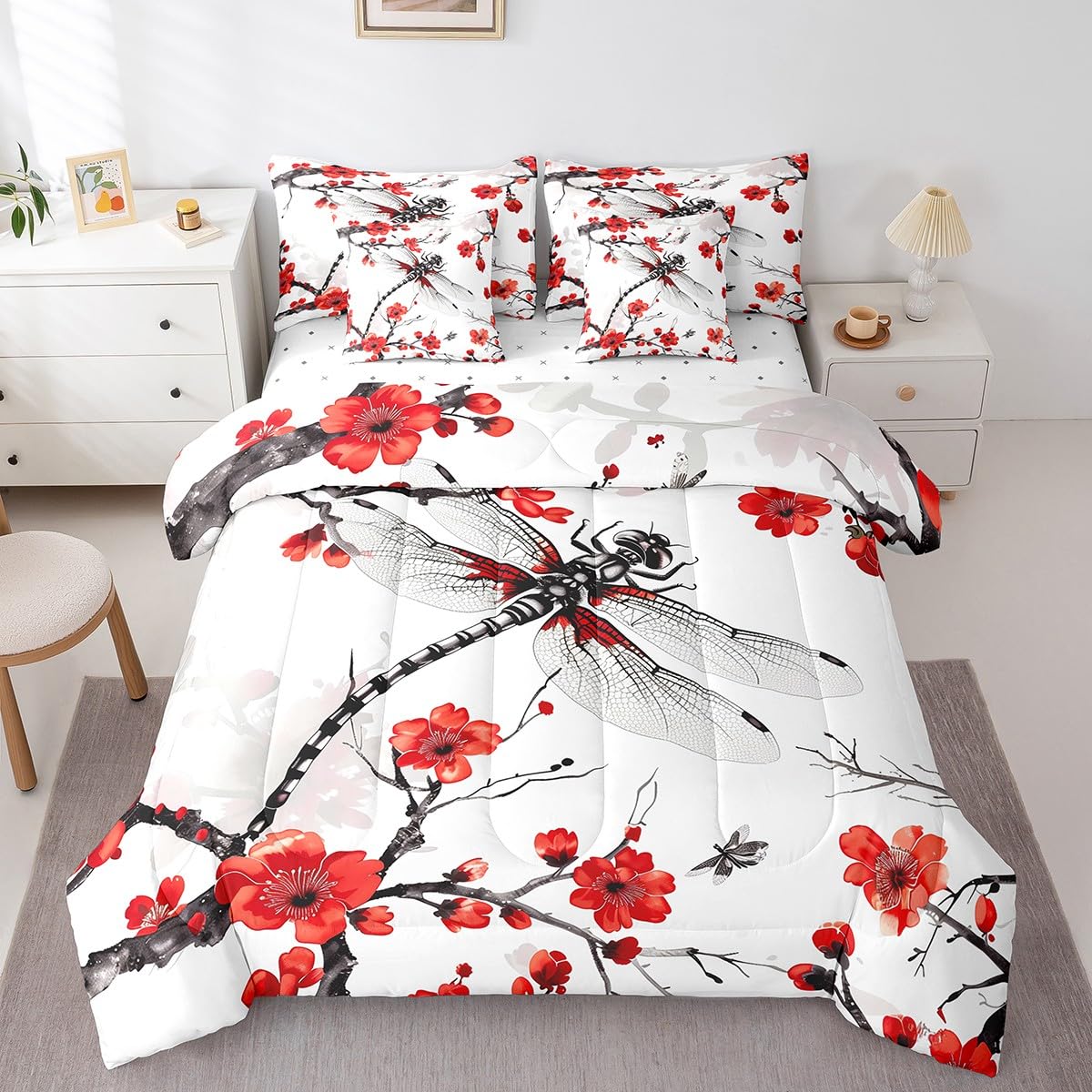 Erosebridal Red Floral Flower Comforter Set Queen,Hippie Dragonfly Bedding Set 7Pcs for Kids Boys Girls,Spring Cherry Blossom Bed in a Bag