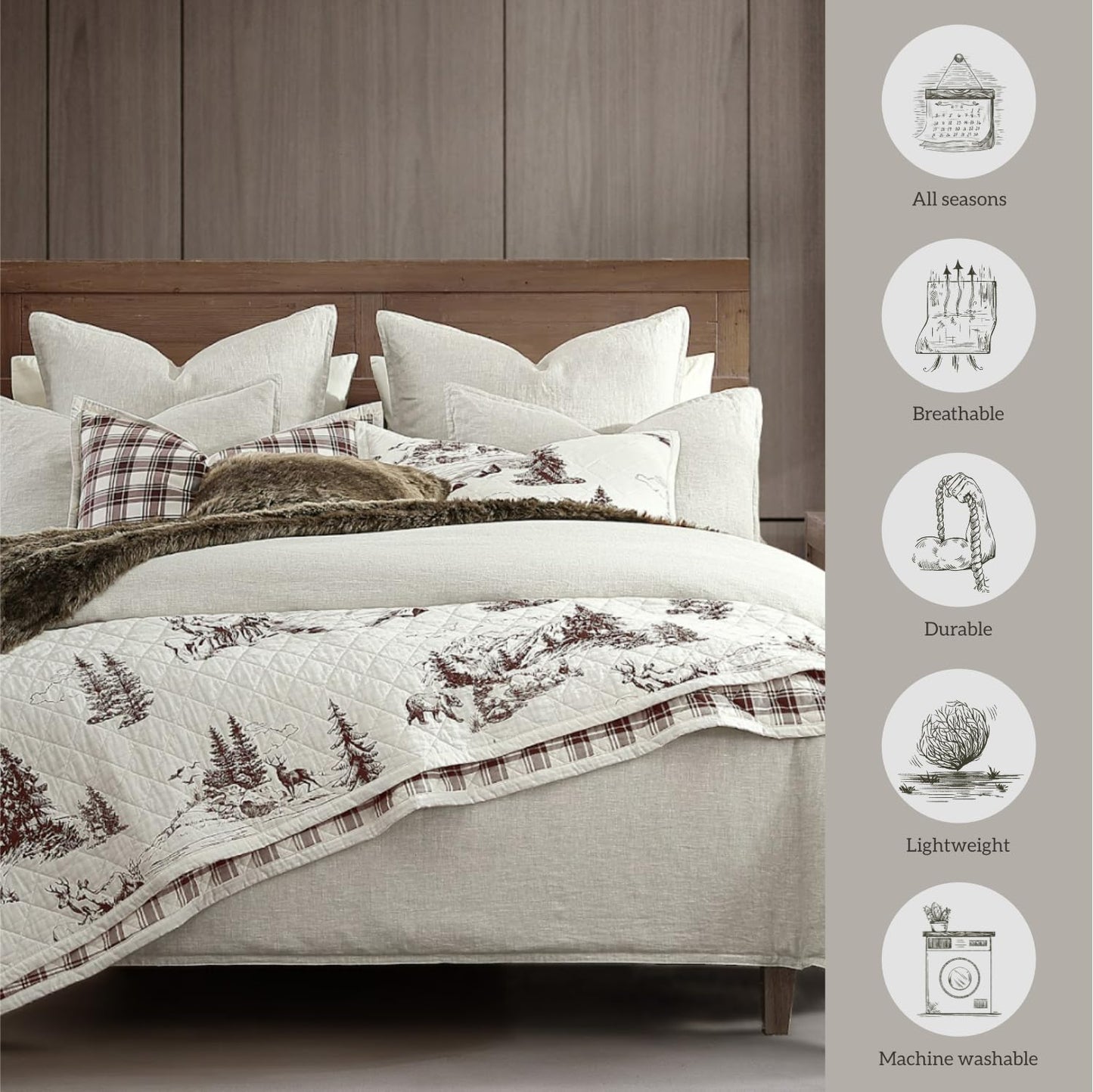 Paseo Road White Pine Rustic Bedding 3 Piece Full Queen Quilt Set, Cotton White Brown Bear Deer Pine Tree Woodland Print Cabin Bedding, Reversible Lodge Quilt Set with Pillow Shams
