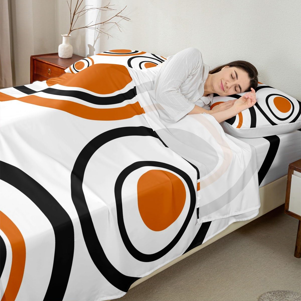 Erosebridal Orange Abstract Bed Sheets Full Size Modern Geometric Circles Flat Fitted Sheet Boho Art Aesthetic Striped Sheet Set Minimalist Black White Abstract Sheets