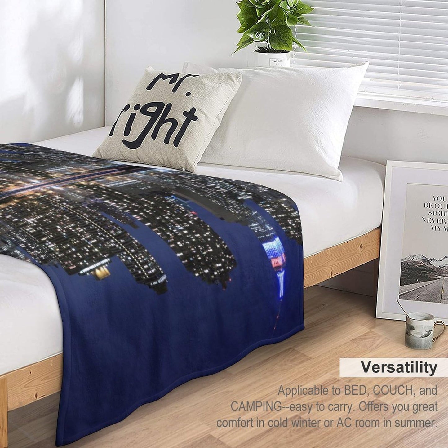 City Night Landscape Throw Blanket,New York Manhattan Cityscape Ocean Coast Scenery Pattern Soft Cozy Warm Flannel Blankets for Sofa Couch Bed Gifts for Lover Kids Boys Grils Women Adults 30x40 Inch