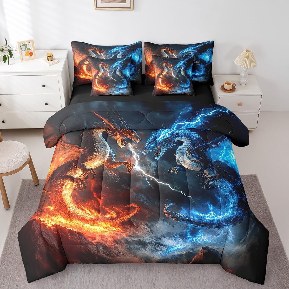 Feelyou Dragon Comforter Set with Sheets Twin Size Dragon Stuff Bed in a Bag for Boys Girls Teens Wild Life 7 Pieces Bedding Set Thunder and Lightning Bed Set Room Decor Blue Orange