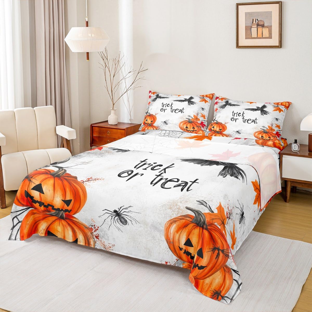 Feelyou Kids Halloween Bed Sheets Set Full Size, Pumpkin Sheet Set Boys Girls Trick or Treat Bedding Set Spider Web Teens Bedroom Decor Soft Bed Set 4Pcs