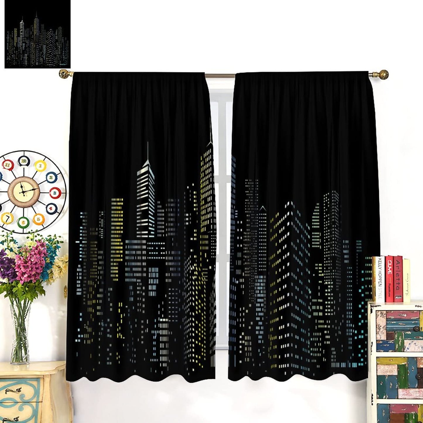 New York Window Curtains,Abstract Modern City Silhouette Black Background Room Darkening Door Window Rod Pocket Curtain for Living Room Bedroom Kitchen Decor W42xL45in