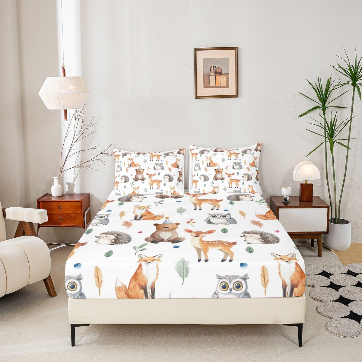 Feelyou Kids Cartoon Fox Sheet Set Cute Bear Bed Sheets Set for Boys Teens Decor Kawaii Owl Print Sheets with Deep Pocket Fitted Sheet Botanical Leaf Pattern Bedding Set Bedroom 4Pcs Full