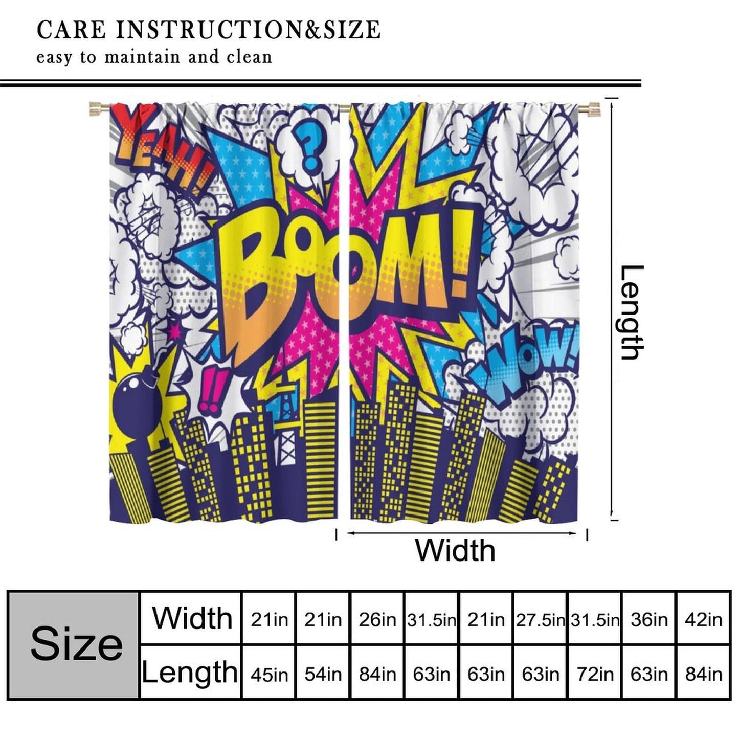 Hero Window Curtains,Comic Art Style Buildings Cityscape Cartoon City Window Treatments for Kids Boys Girls Bedroom Nursery Décor Drapes 2 Panel Sets Total Size 42" x 45"