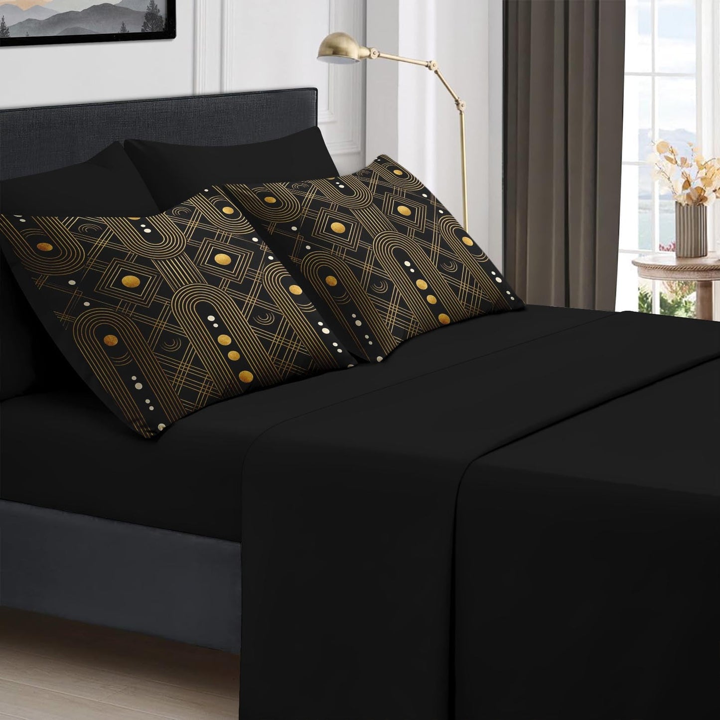 Boewywh Comforter Set Twin Size Geometric Gold Black 7 Pcs, Bedding for Kids and Adults, Retro Modern Bed Sheet Sets with Fitted Sheet 2 Pillowcases & 2 Shams for Bedroom Bed Decor