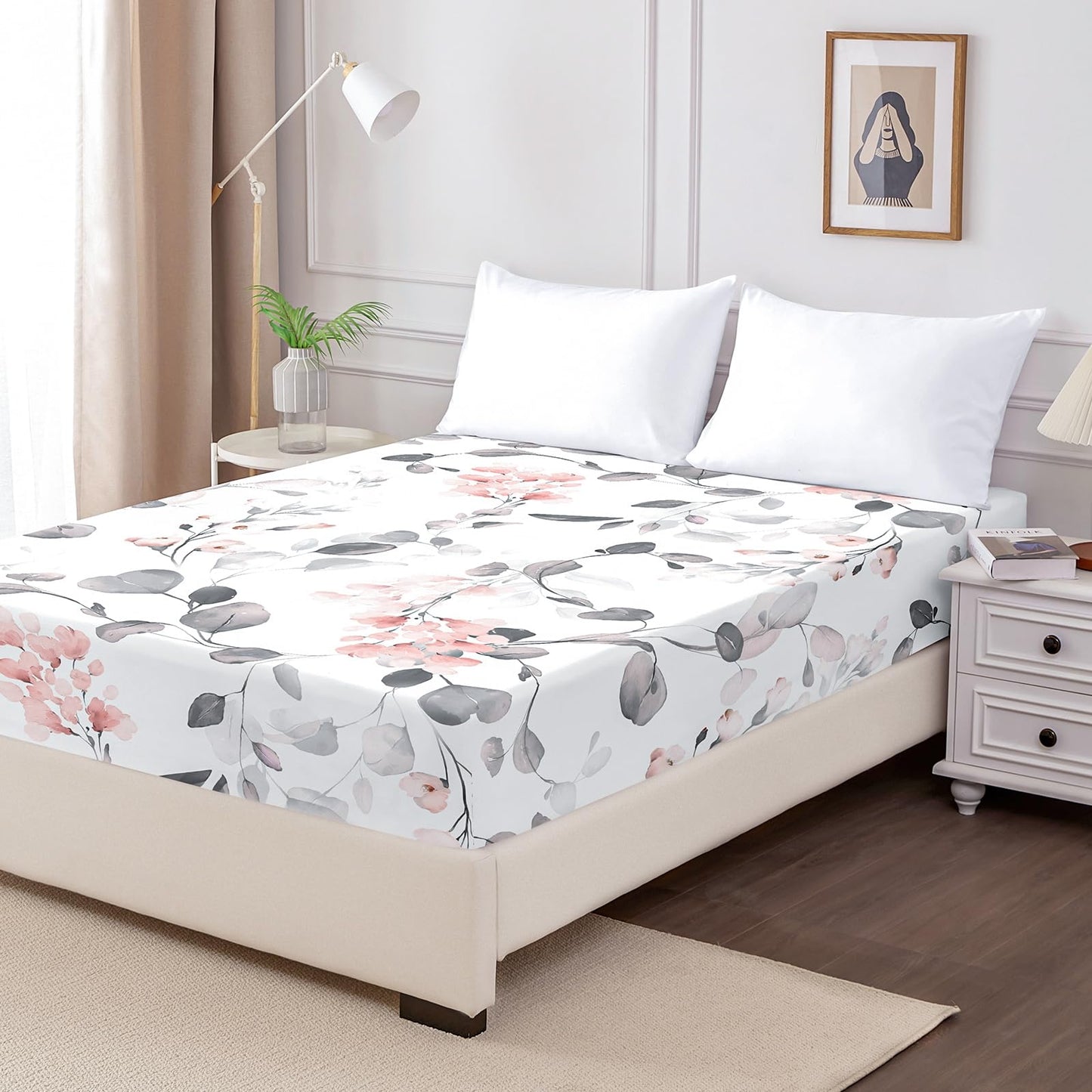 HCORA Floral Fitted Sheet Only, 100% Brushed Microfibre Deep Pocket Fitted Bottom Sheet, Ultra Soft, Shrinkage and Fade Resistant, Full Size