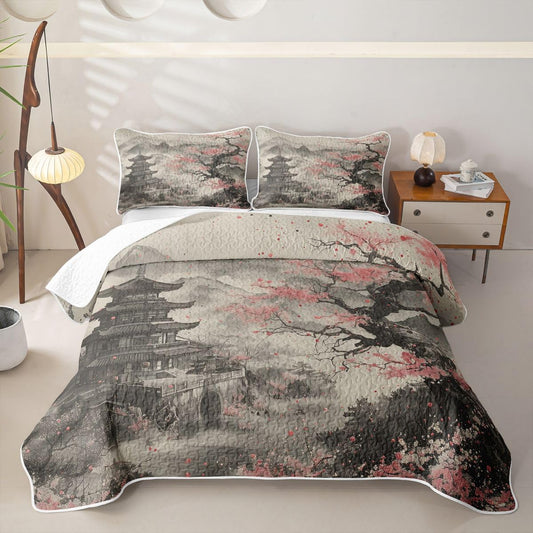 Erosebridal Vintage Japanese Art Twin Size Quilt Set Cherry Blossom Lightweight Quilt Bedding Set for Summer Ink Painting Mountain Bedspread Comforter Soft Japan Ukiyo-E Coverlet 2 Pcs