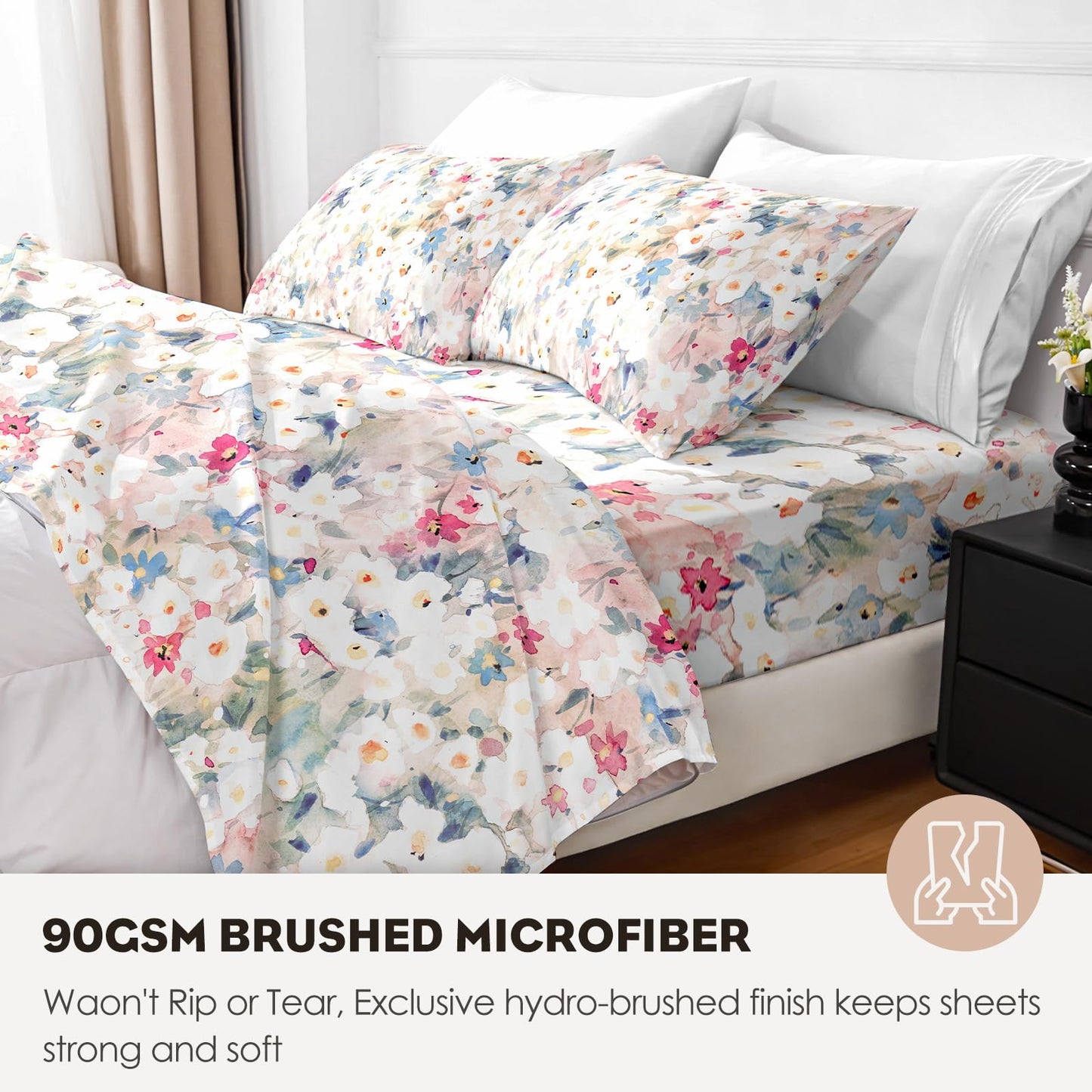 HCORA Floral Queen Sheet Set, Luxury 1800TC Hotel Quality Double Brushed Microfiber Deep Pocket Bed Sheets, Ultra Soft, Breathable and Cooling, 4PC, Queen Size