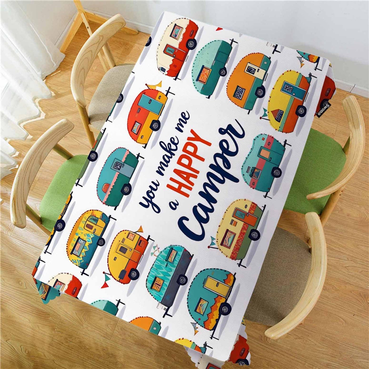 Swono Cars Cute Rectangular Tablecloth Cartoon Cars You Make Me A Happy Camper Quote Heavy Duty Table Cloth Kitchen Dining Room Table Cover for Party Dinner 50x72 Inch Tablecloths