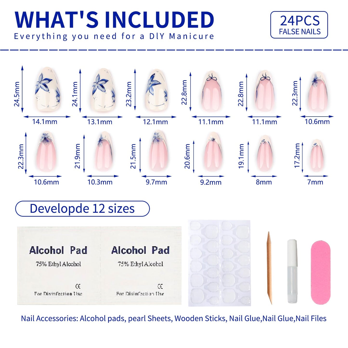 Stbisen Summer French Short Press On Nails Almond, Nude Fake Nails with Warm Ivory French Tip and Graceful Blue Floral Petal Design, Glossy Acrylic Nails, Natural Reusable Glue On Nails for Women