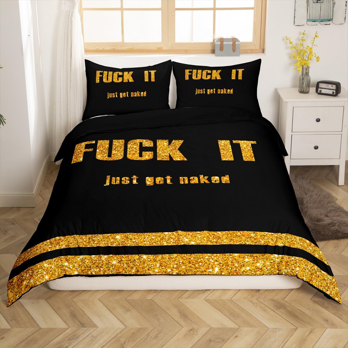 Feelyou Funny Quotes Bedding Set Get Naked Duvet Cover for Men Women Couple Lover Golden Glitter Sequins Comforter Cover Black and Gold Bed Set Bedroom Decor Quilt 3Pcs King Size (No Comforter)
