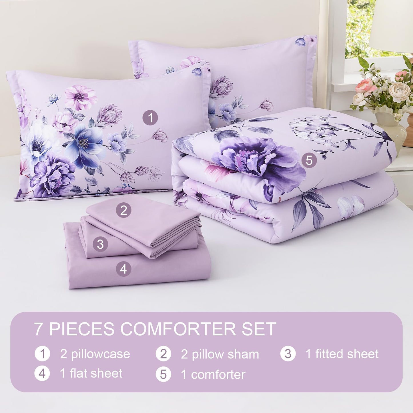 Floral Comforters Queen Size 7 Pieces Botanical Purple Flower Bed in a Bag Ulter Soft Microfiber Bedding Set, Lightweight Bed Comforter Set with Sheets for All Season (Purple, Queen)