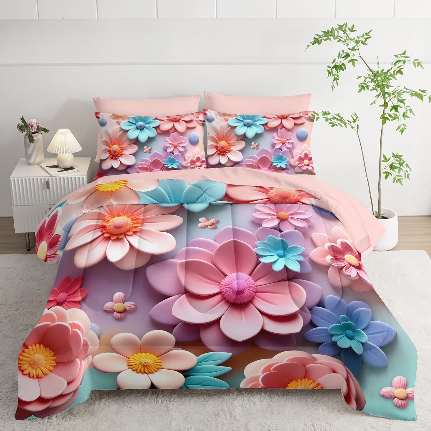 lneffble Pink Floral Comforter Set Queen Size Bed 7 Piece，Quilt Queen Size Bedding Set 7 Piece Farmhouse Blue Floral，(1 Comforter, 1 Flat Sheet, 1 Fitted Sheet, 2 Pillowcase and 2 Pillow Sham)