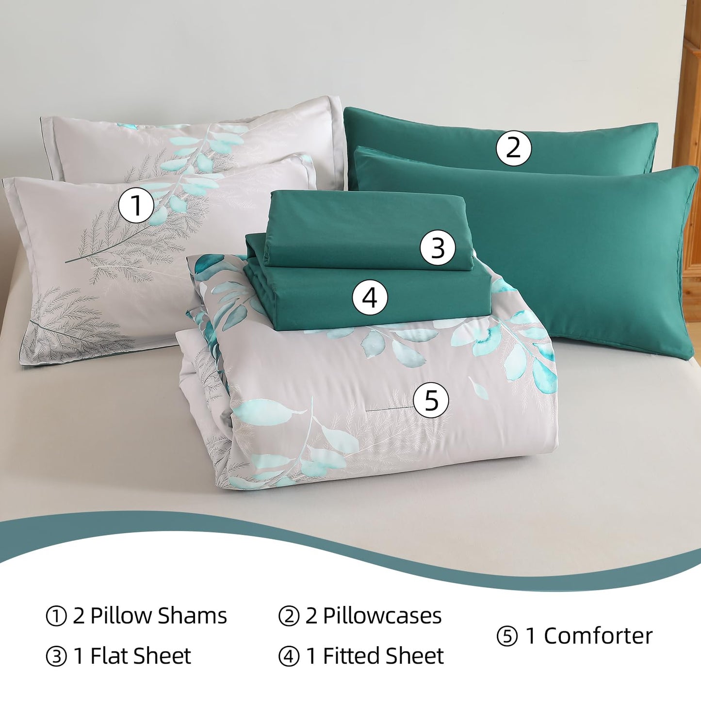 Anibedding Teal Green Floral Comforter Set Queen, 7 Piece Green Botanical Gradient Leaves Ultra Soft Microfiber Down Alternative Bedding Set with Sheets and Bedroom for All Season