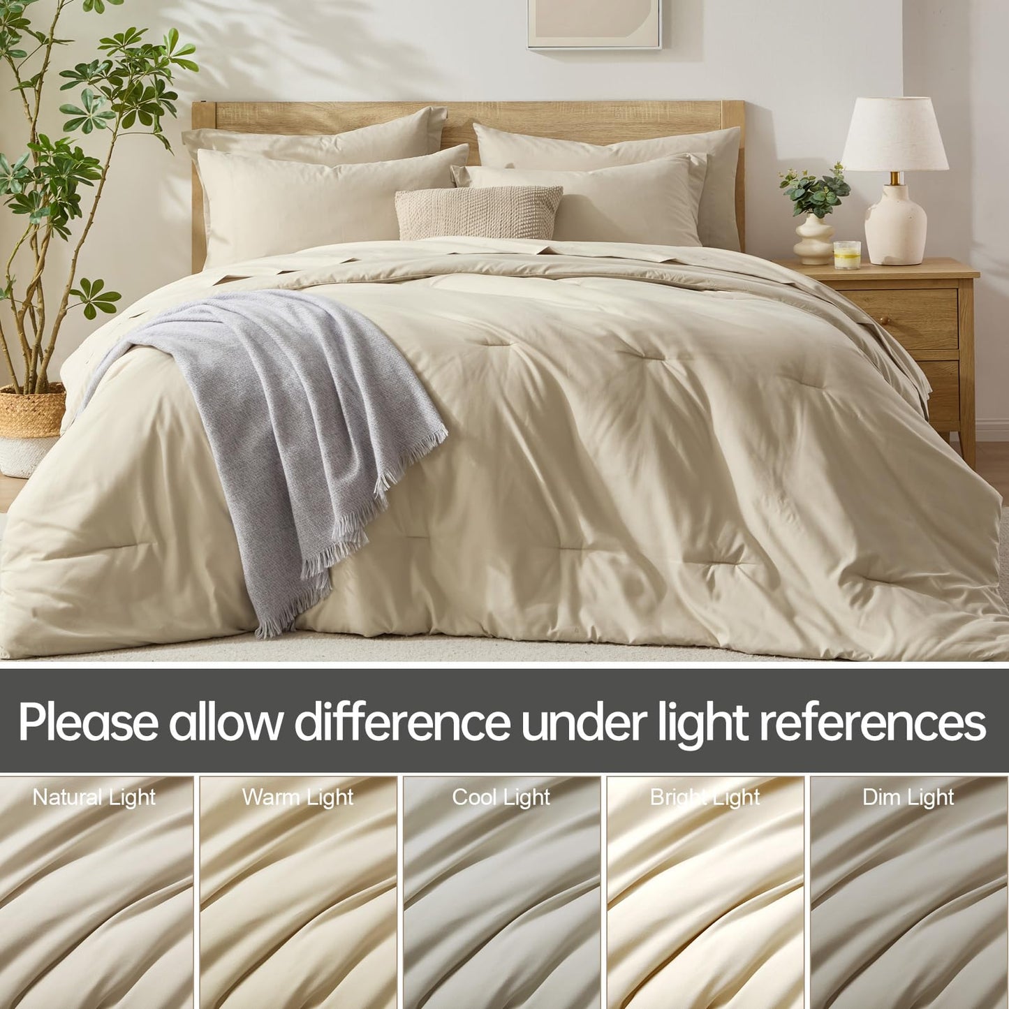 Homelike Moment Queen Comforter Set with Sheets, 7 Piece Beige Comforter Set Queen Size, Full Size Bed in a Bag Lightweight and Machine Washable