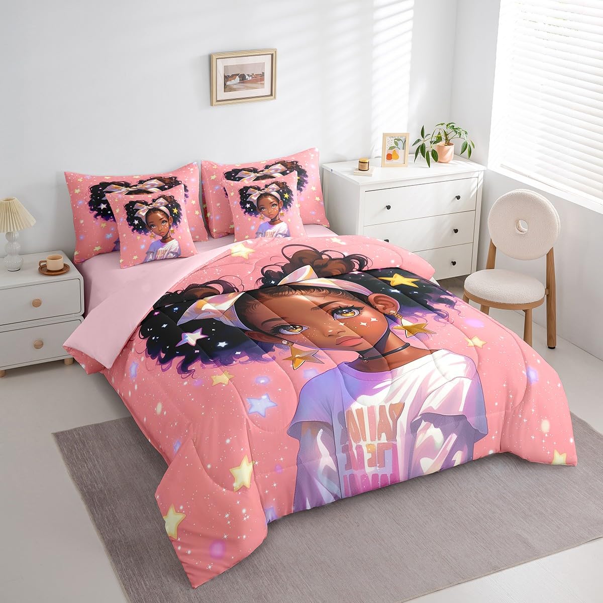 Cartoon Cute Girl Comforter Set,African American Style 7 Piece Bed Set Twin Size for Kids,Glitter Print Star Dots Bed in a Bag Bedding Set with Comforter,Sheet Set,Pillowcases,Pillow Covers