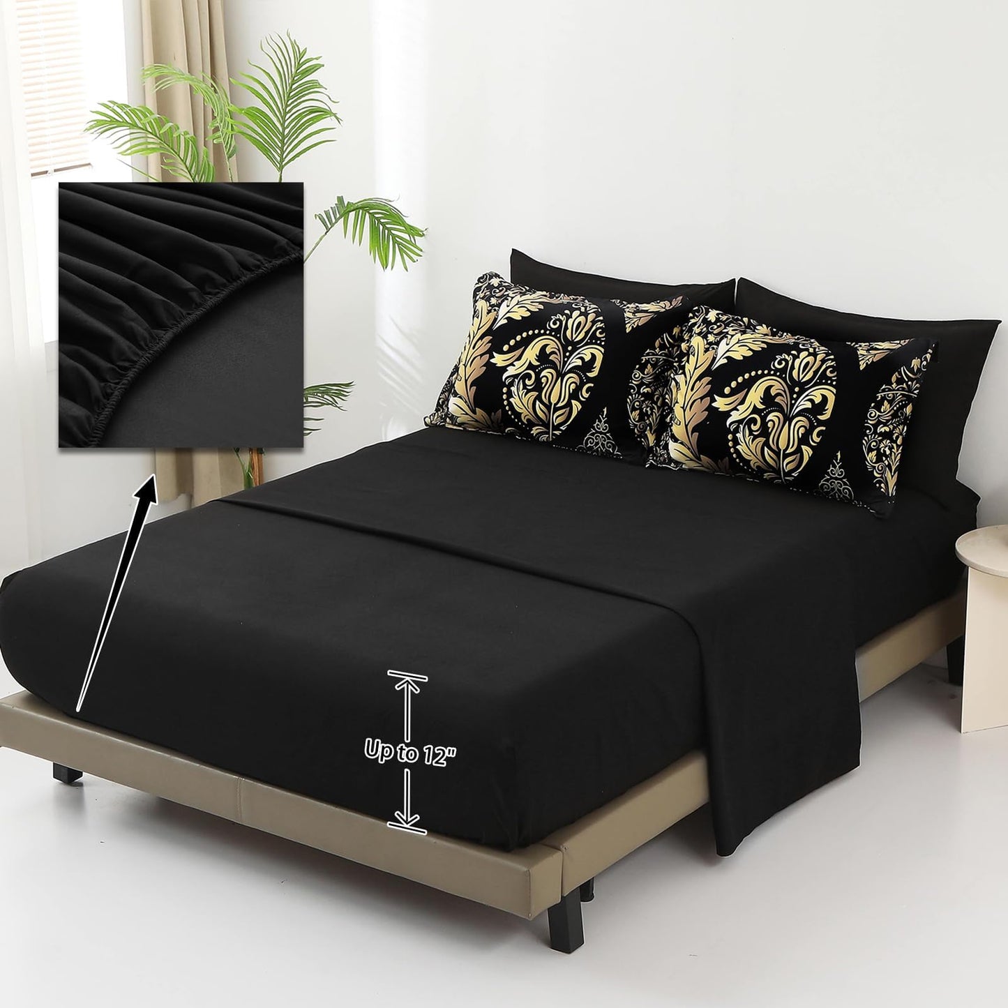Anibedding Black Gold Comforter Set King Size, 7 Pieces Bohemian Damask Comforter Set Soft Lightweight Microfiber Bedding Set for All Season (104"x90")