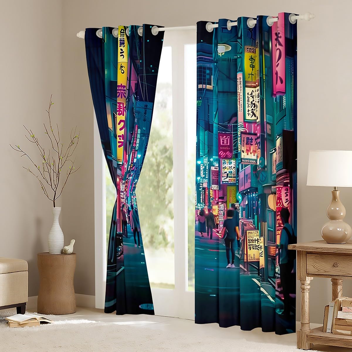 Feelyou Japanese Art Blackout Curtains (2 Panels, 42 x 63 Inch) Tokyo Anime Darkening Drapes Japan Night City Curtains for Bedroom Living Room