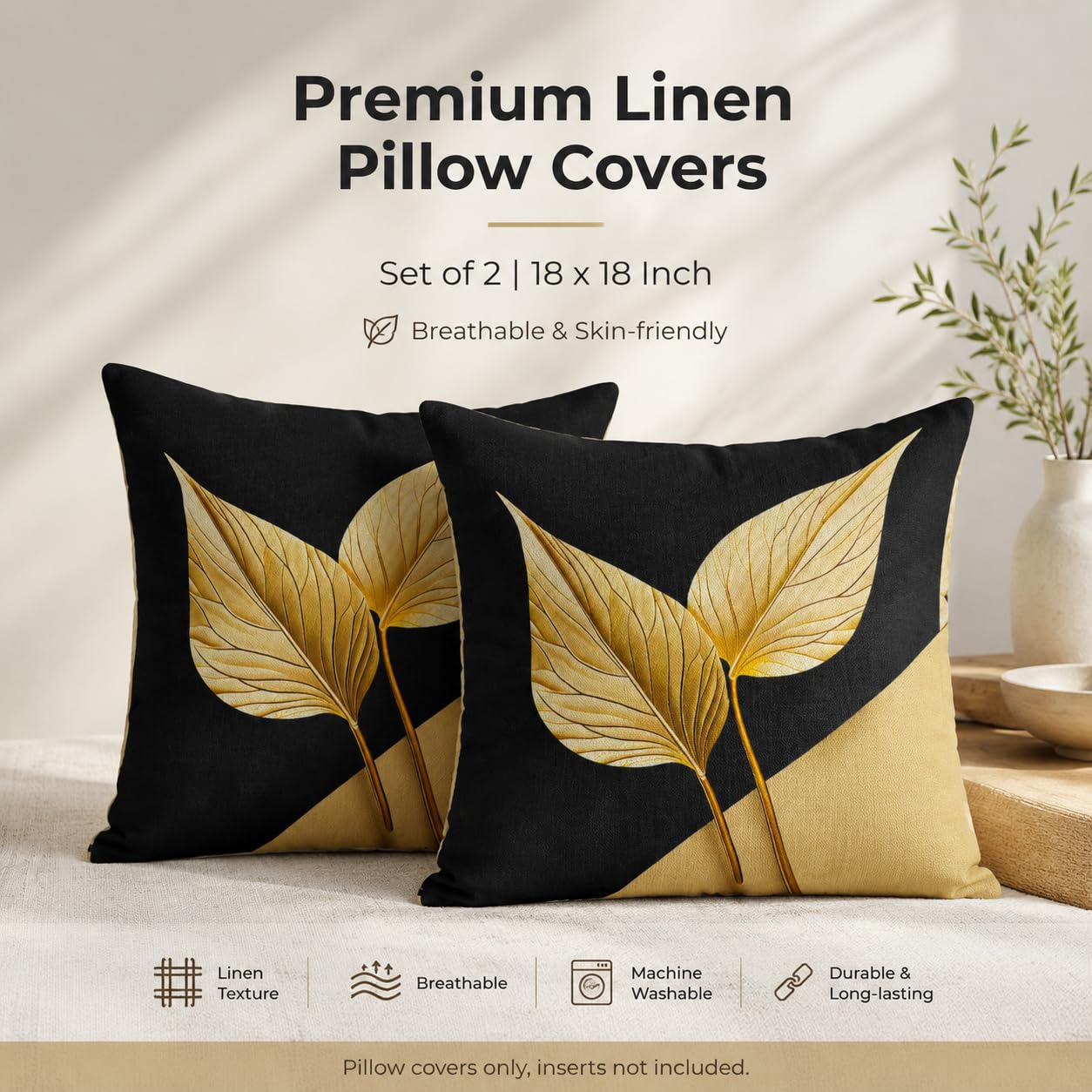 avpdupu Floral Pillow Covers 18x18 Inch Linen Set of 2 - Black and Gold Pattern Throw Pillow Covers for Sofa, Decorative Cushion Covers for Living Room and Outdoor Use