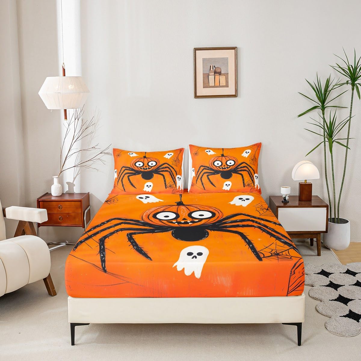 Feelyou Kids Halloween Bed Sheet Set Full Size, Spider Bedding Set Orange Pumpkin Fitted Sheet Boys Girls Horror Teens Bedroom Decor (2 Pillow Cases and a Fitted Sheet)