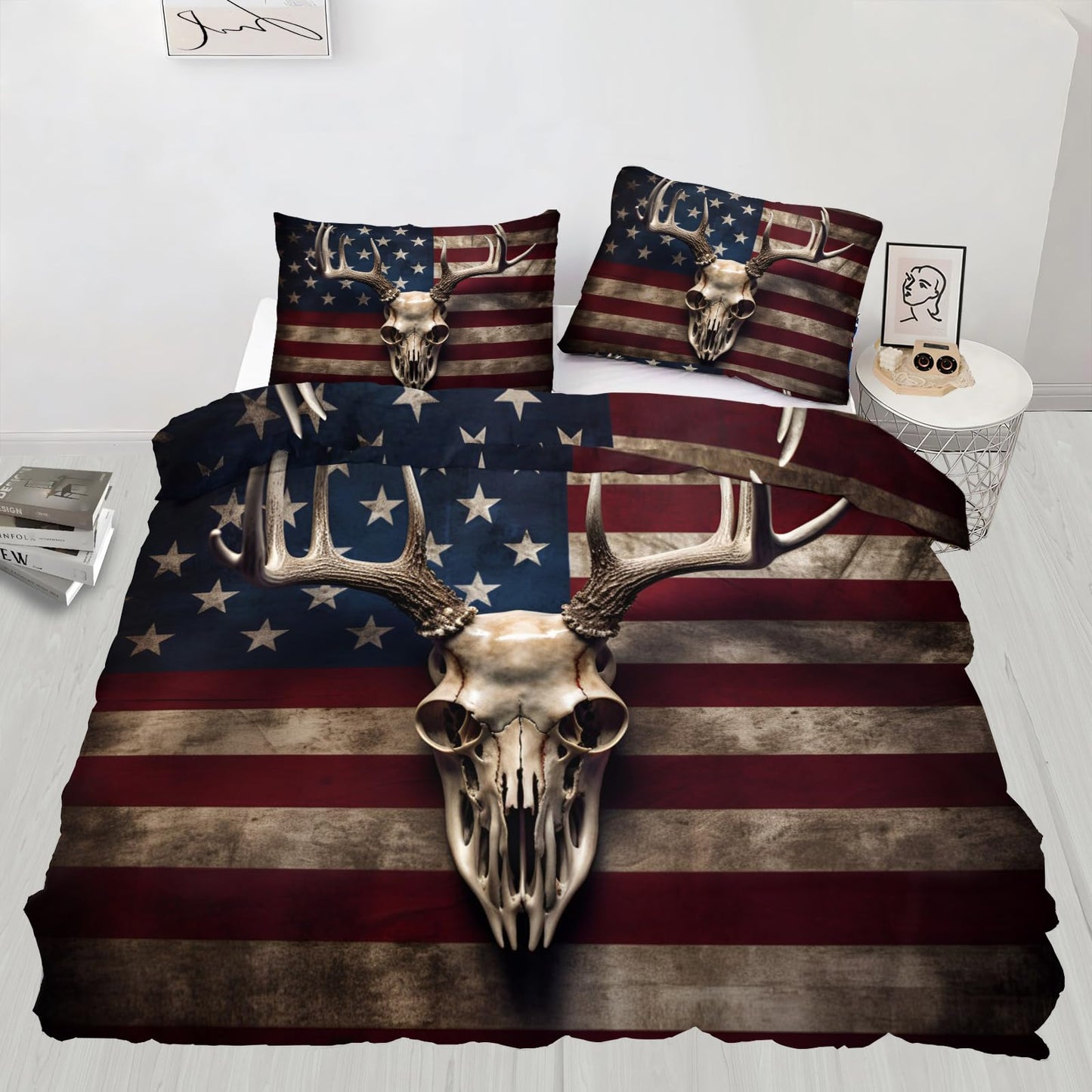 PAISUOQ Gothic Skull Duvet Cover Queen Size - American Flag Home Decor & Gifts, 3 Piece Back to School Dorm Bedding, Easy Care Microfiber Comforter Cover & Pillowcases, Rustic