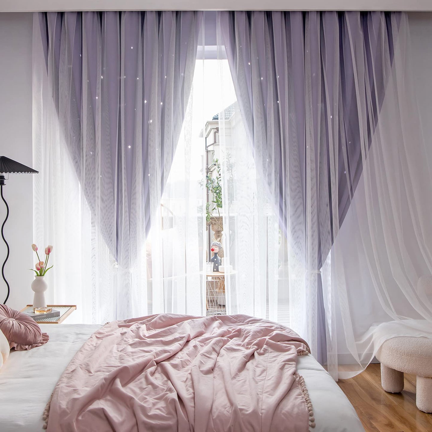 Loyala Stars Curtains for Kids, Double Layer Curtains, Blackout Curtains for Bedroom, Kids Curtains, Cute Curtains, Kids Blackout Curtains, Set of 2 Panels, Purple Curtains, 52 X 63 Inches
