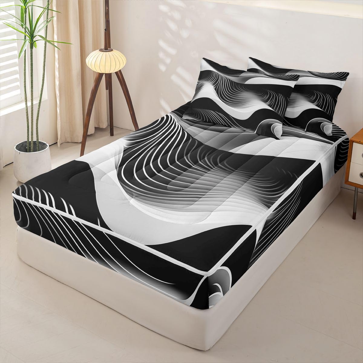 jejeloiu Abstract Art Full Zipper Bedding Set Wavy Contour Lines Kids Comforter Set with Fitted Sheet and 2 Pillowcases Geometric Modern Bed in a Bag Zip Up Bedding Soft Microfiber