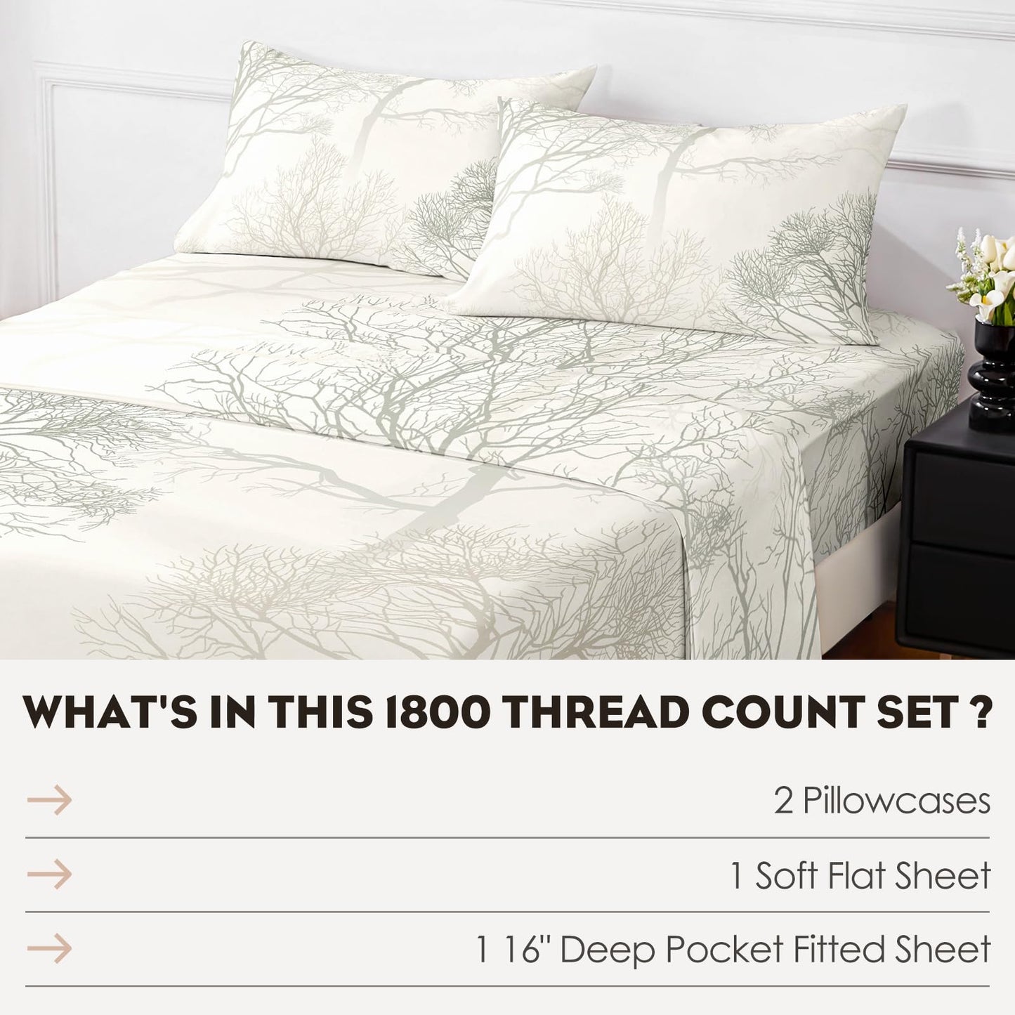 HCORA Floral King Size Sheets Set, Luxury 1800TC Hotel Quality Double Brushed Microfiber Deep Pocket Bed Sheets, Ultra Soft, Breathable and Cooling, 4PC, King