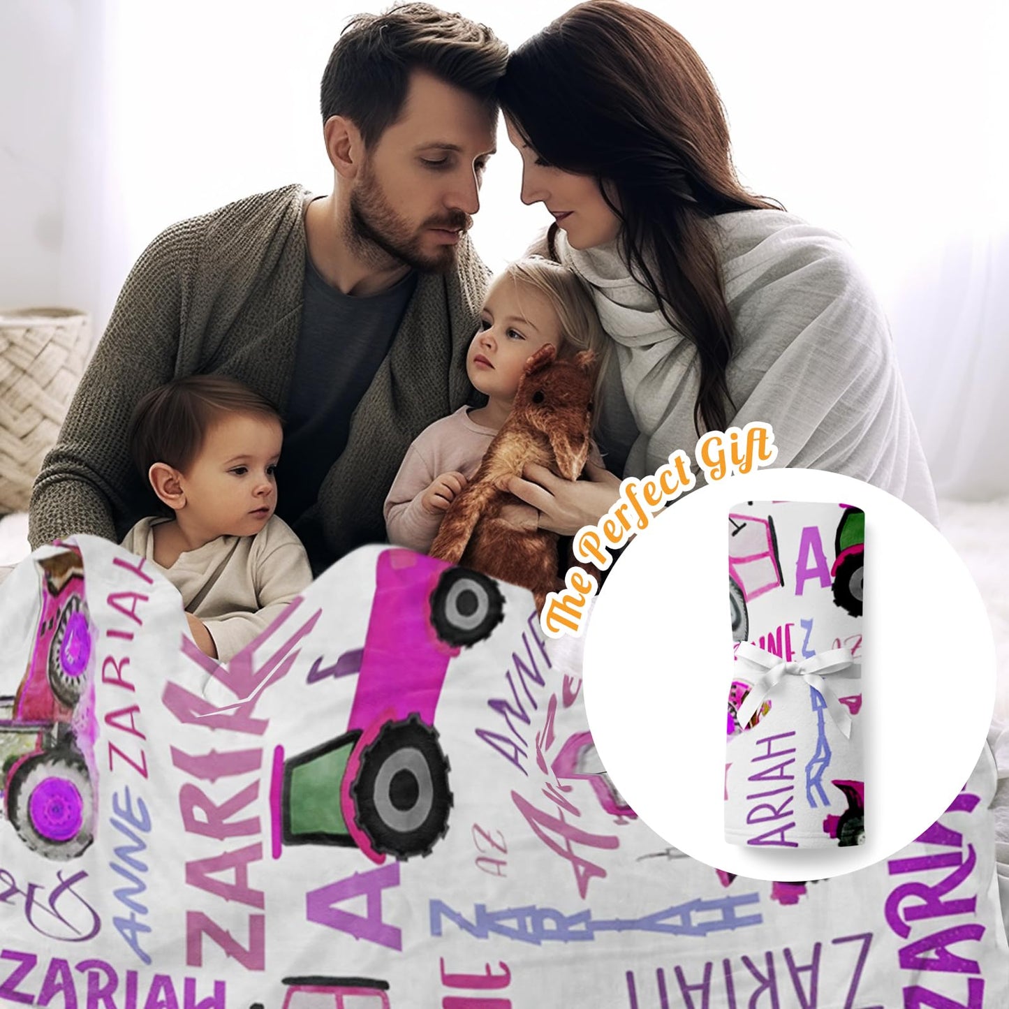 Personalized Tractors Blanket - Custom Name with Farm Tractor Trucks Design - Soft Plush Flannel Bed Blanket for Baby Kid Teen Boys Girls Customized Gifts White & Purple