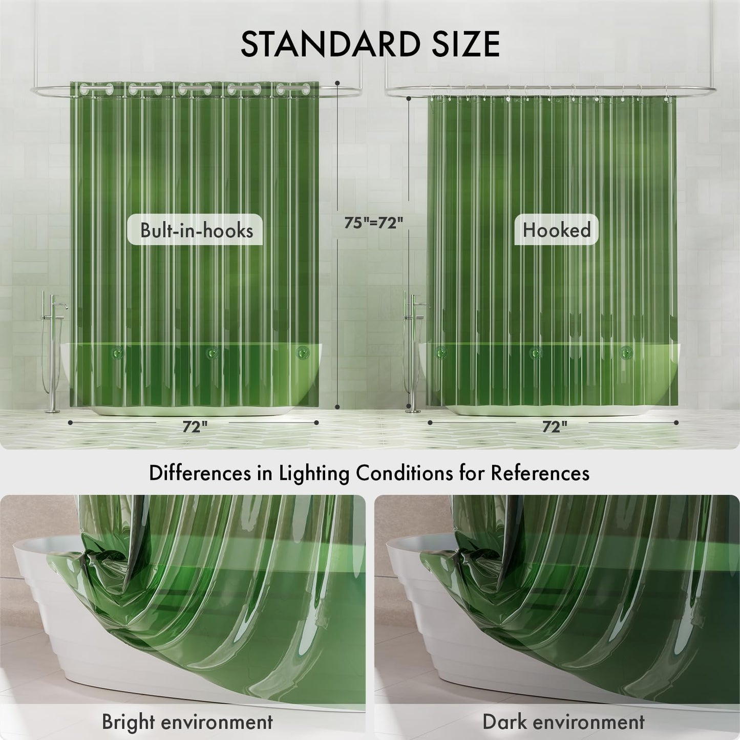 AmazerBath No Hook Shower Curtain Liner, 100% EVA Heavy Duty Hookless Shower Curtain and Liner 3-in-1, 72x75 Luxury Soft Shower Liner with 3 Heavyweight Stones, Clear Green