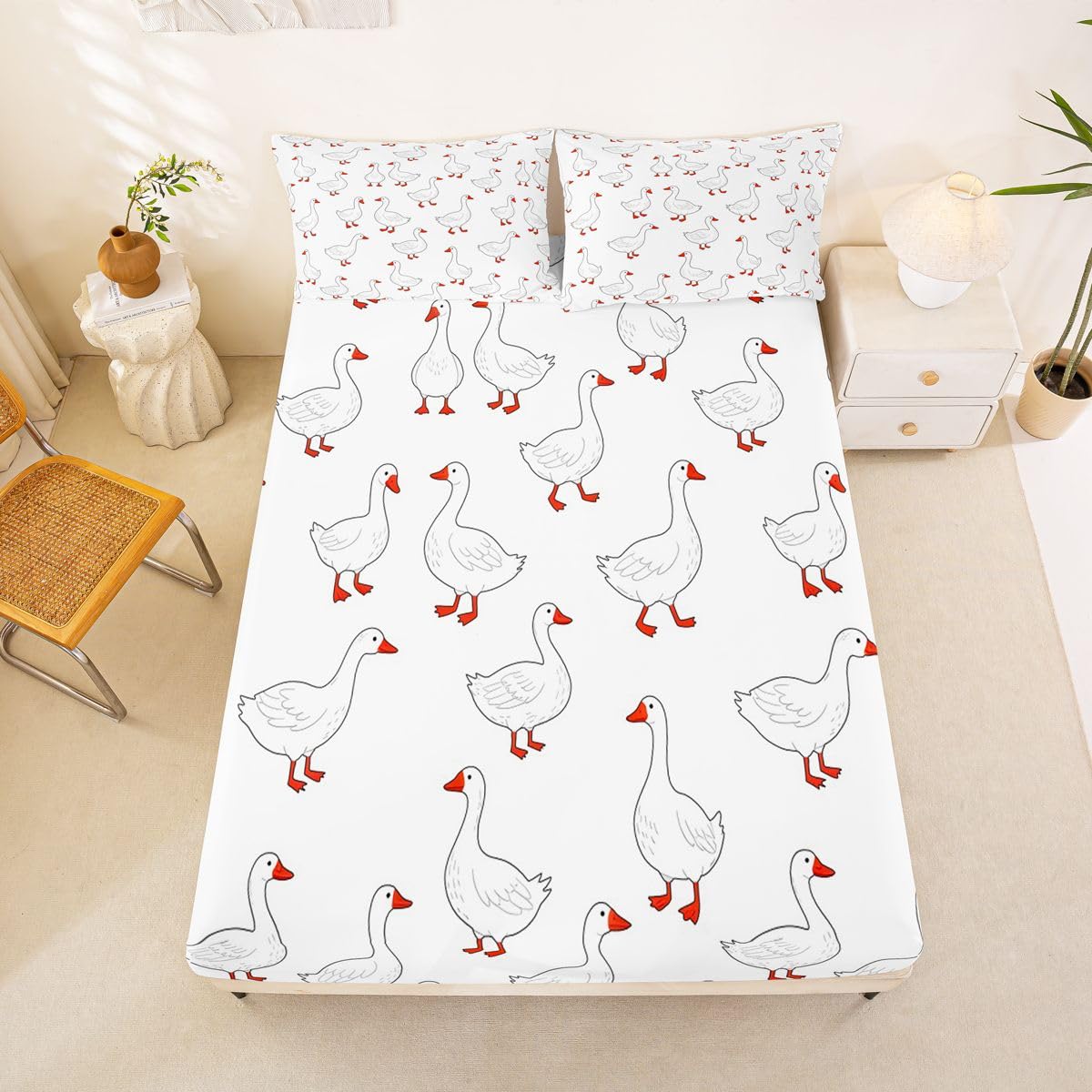 Erosebridal Cartoon Goose Bed Sheets Set Full Kawaii Animal Sheet Set Cute White Geese Sheets Cute Funny Flat Fitted Sheet