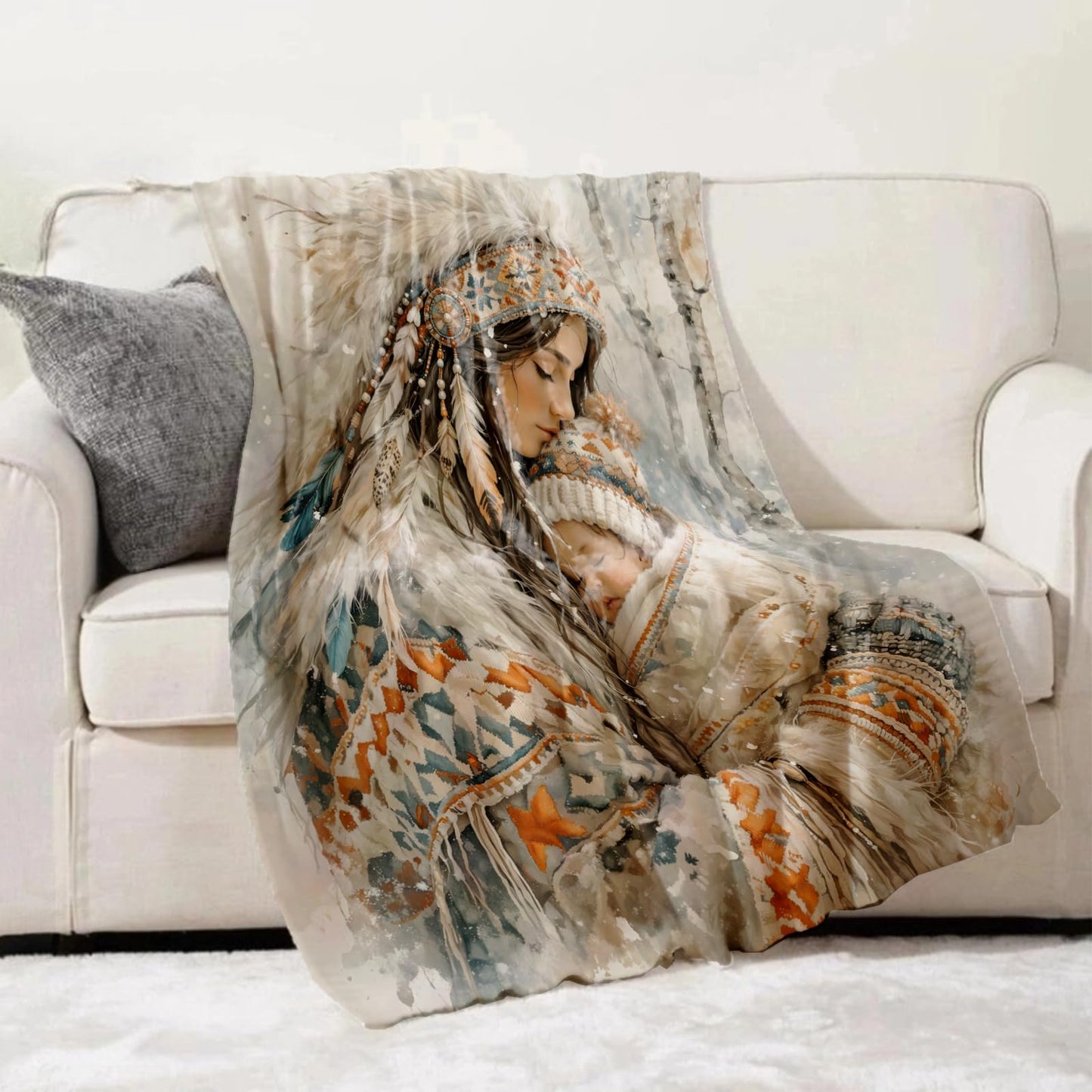 Turamurra Boho Mother Baby Throw Blanket Gifts for Kids Women, Tribal Winter Love Native Family Blankets for Home, Living Room, Bedroom Decor, Flannel Plush 50"x60"
