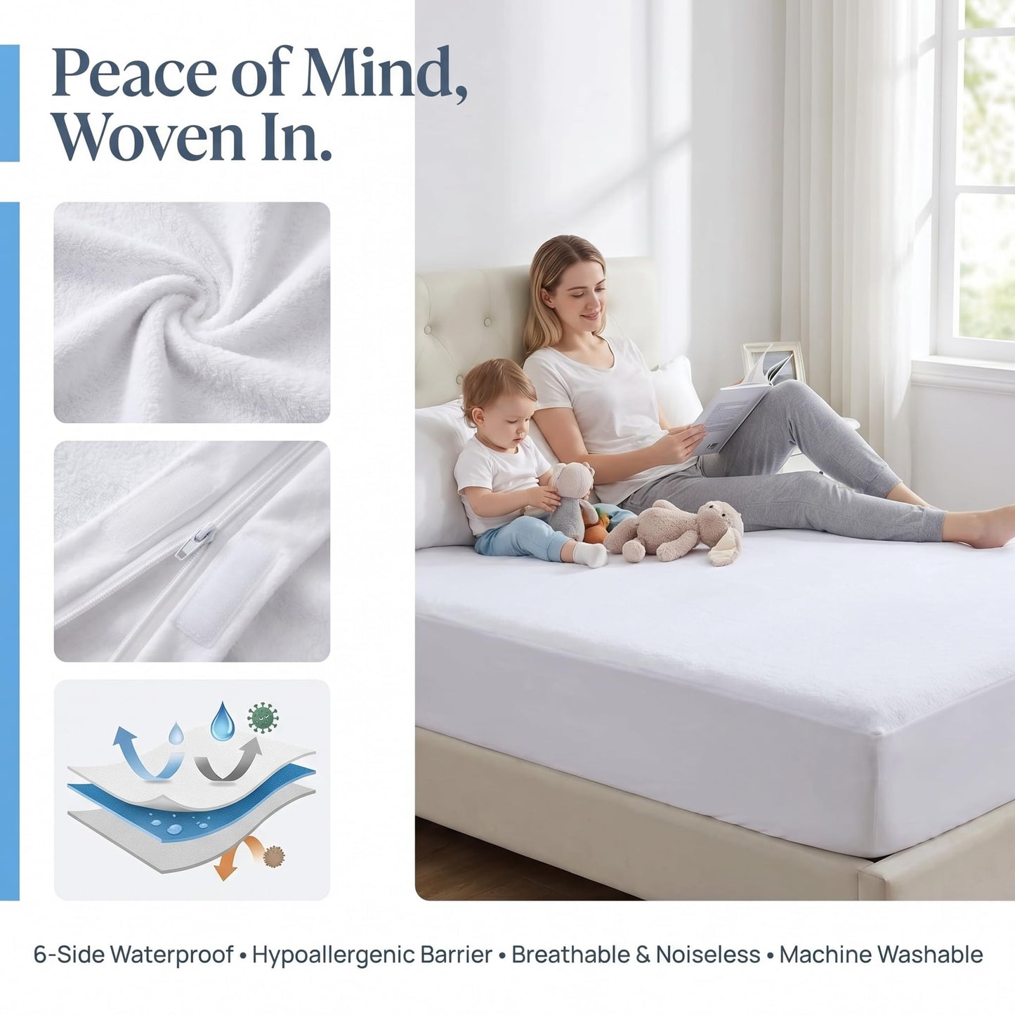 Queen Zippered Mattress Protector,Absorbent Six-Sided Mattress Cover Queen Size Bed, 12-15 Inch Noiseless Washable Mattress Encasement, Sleep Defense System, Hypoallergenic & Soft