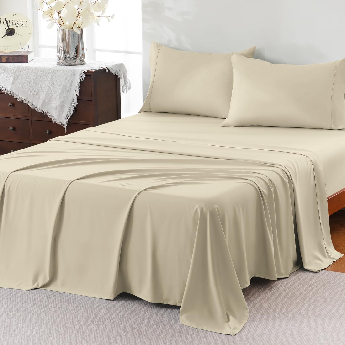 ChicView Full Sheet Set,4 Pieces Hotel Luxury Breathable Soft Microfiber Bedsheets, Anti Pilling Deep Pockets Easy Care Bed Sheets, Milk Beige