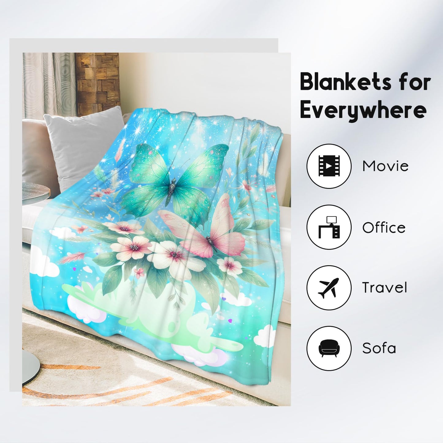 Butterfly Blanket for Girls, Butterfly Gifts for Women, Kids Flannel Blanket, Soft Warm Throw for Sofa Nap, 40"x50"