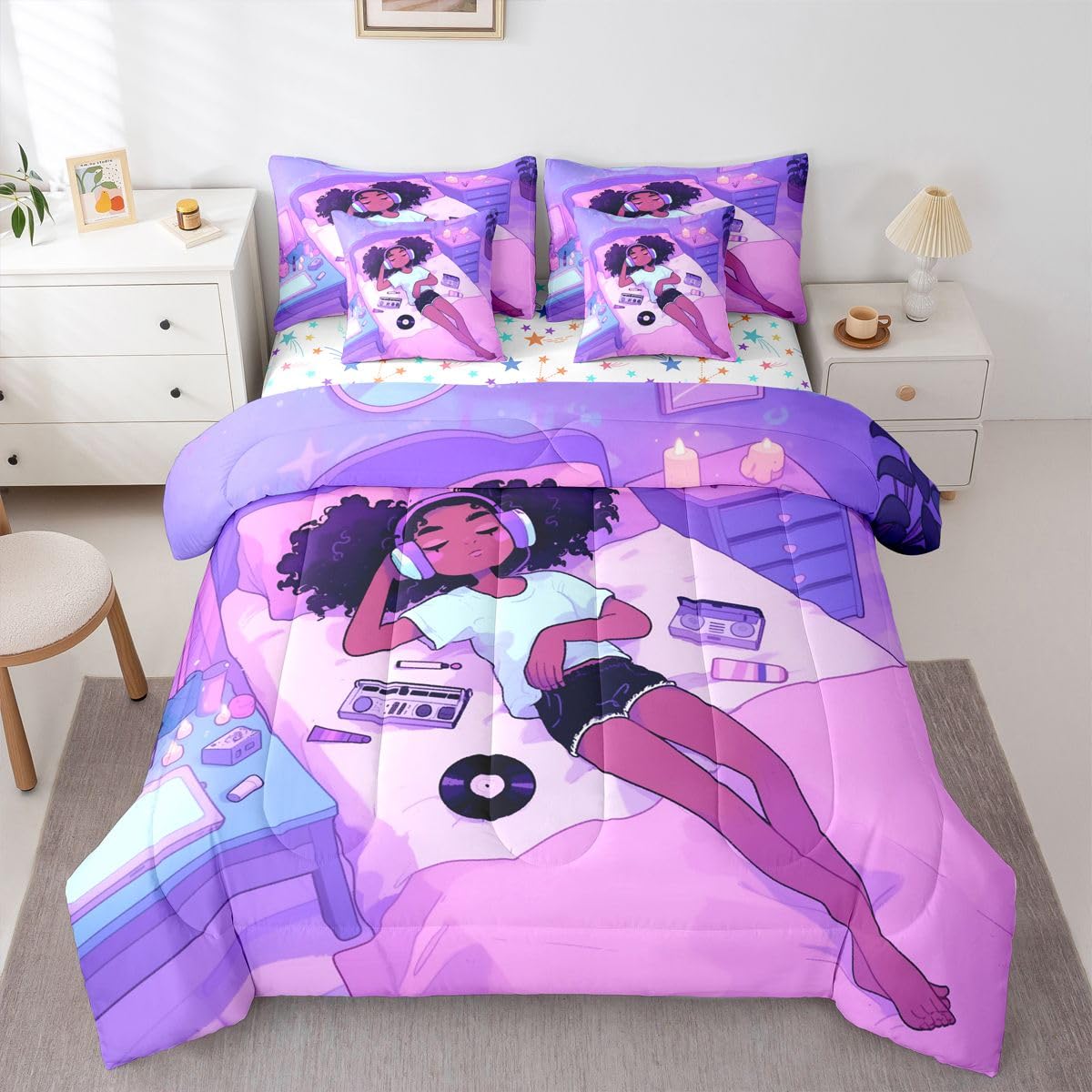 Erosebridal Cute Black Girls Magic Queen Bedding Set Cartoon Girl with Headphones Comforter Set Retro Vinyl Records 7-Piece Bed in a Bag Vibrant Purple Trendy Music Aesthetic Quilt Sets