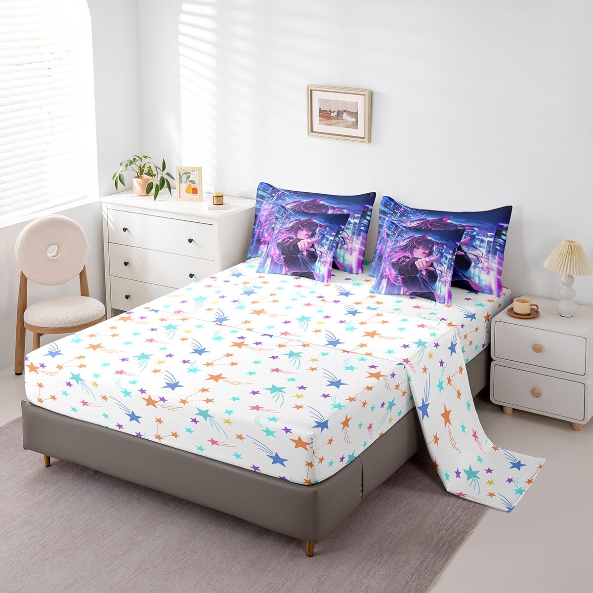 Erosebridal Kids Anime Girl 7 Piece Comforter Set Twin Bed in A Bag, Japanese Anime Bedding Sets, Cartoon Girl Sheet Set with Comforter for Boys Teens Adult, Kawaii Japanese Animation Bed Sets