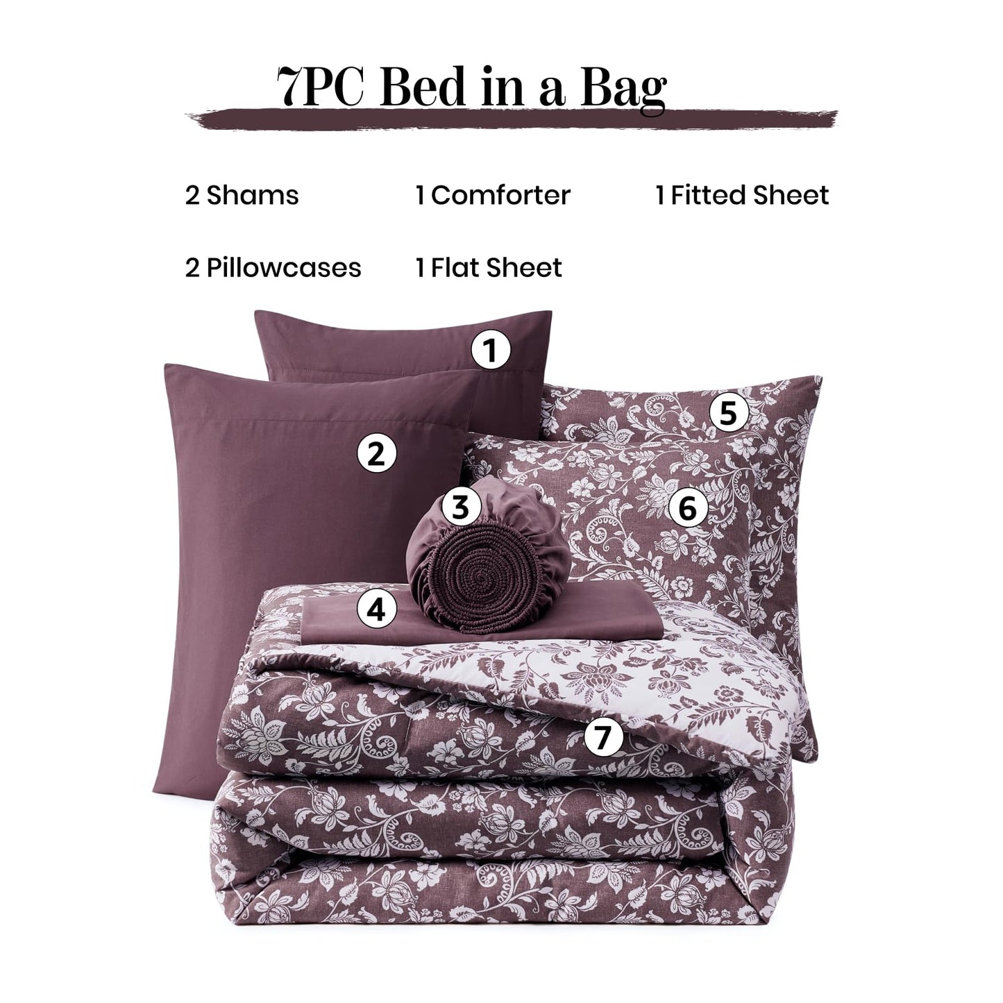 BLOOMHAVEN Queen Comforter Set -7 Pieces Floral Dark Purple Comforter Set for All Seasons, Bed in a Bag Queen with Botanical Flowers Comforter, Sheets, Pillowcases & Shams