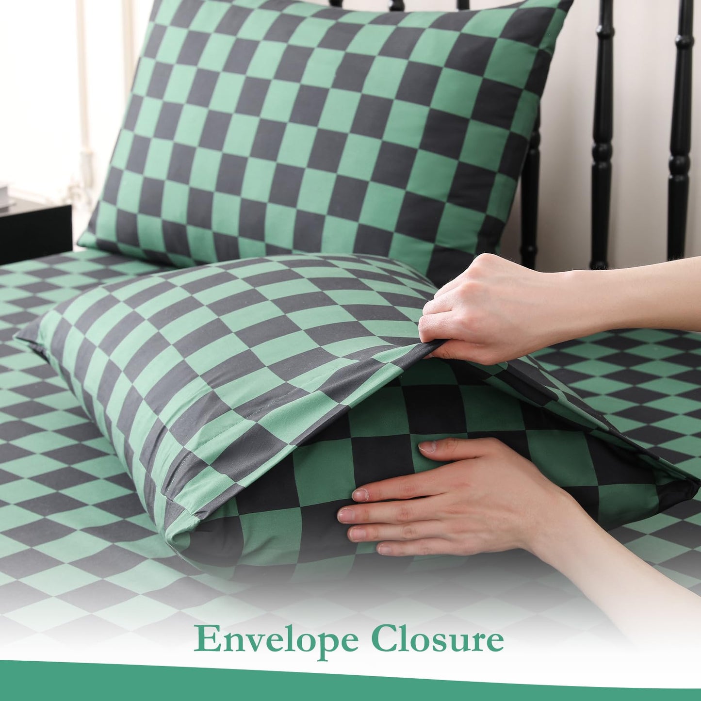 MICORAL Queen Sheet Set Green Gingham Plaid, 4-Piece Brushed Microfiber Taupe Grid Bed Sheets, 16" Deep Pocket, Ultra Soft & Cooling Sheet, Oeko-TEX Certified, Green Black Checkered